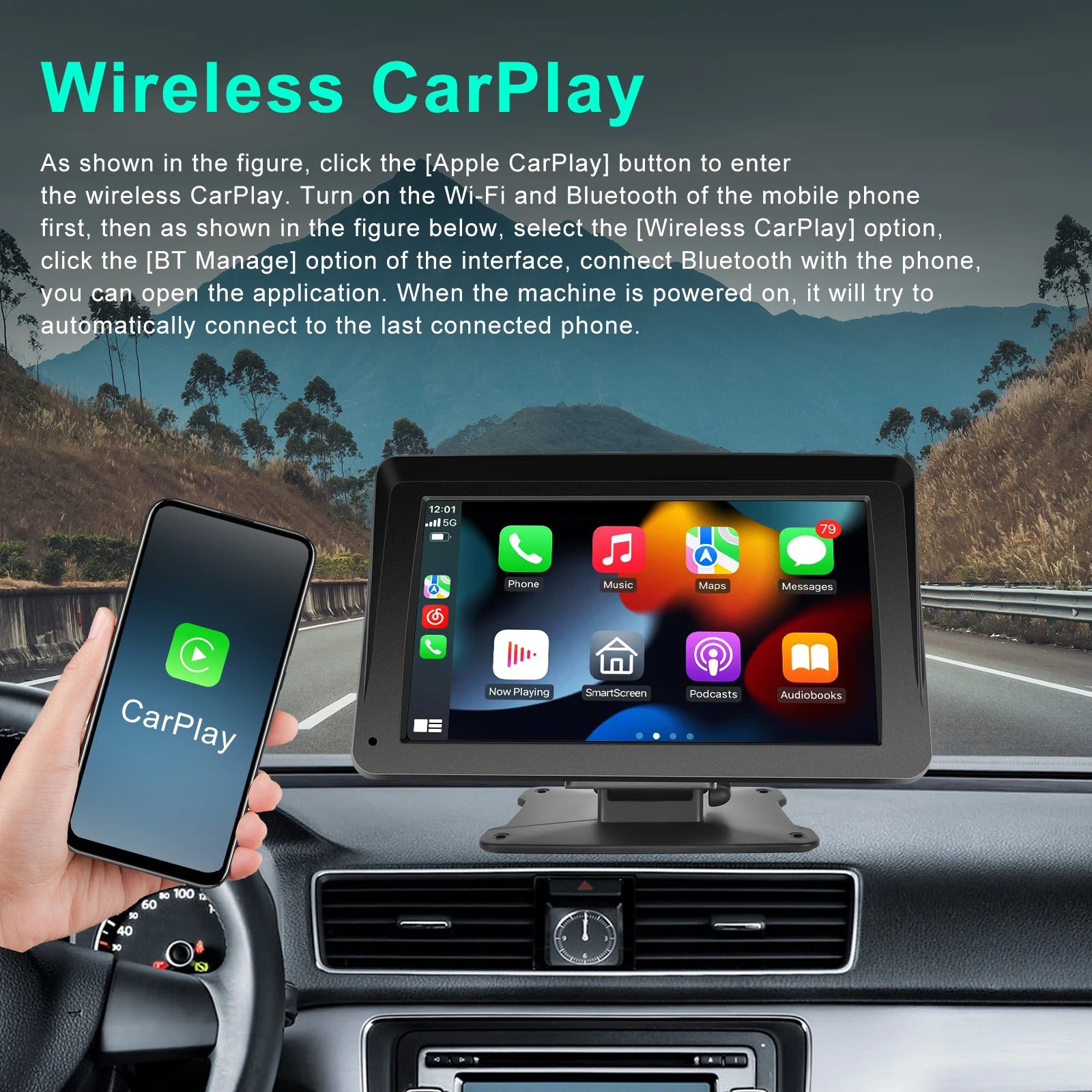 Autmonitor, 7 Inch, Compatibel met Apple CarPlay & Android Auto, WIFI & Bluetooth Verbinding