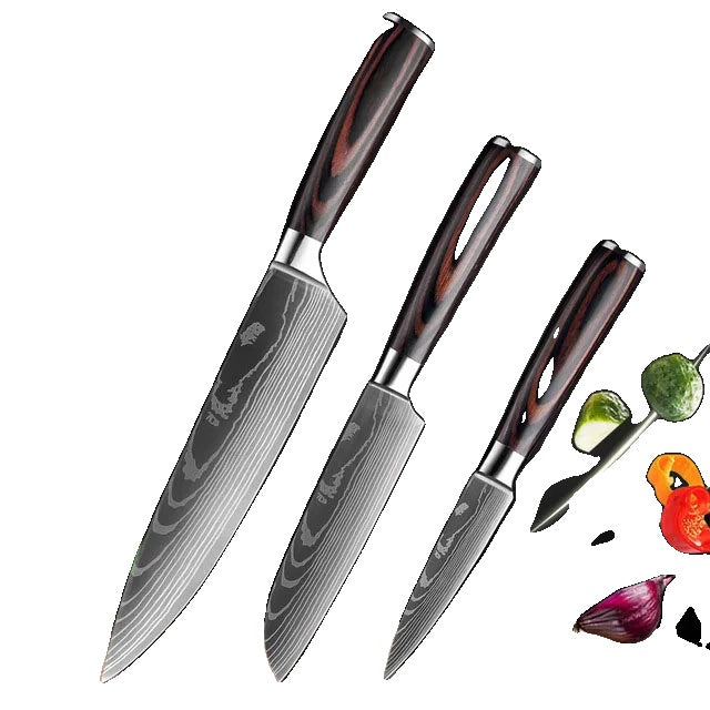 Kitchen Knife Set, Laser Damascus Pattern, Japanese Santoku Knife