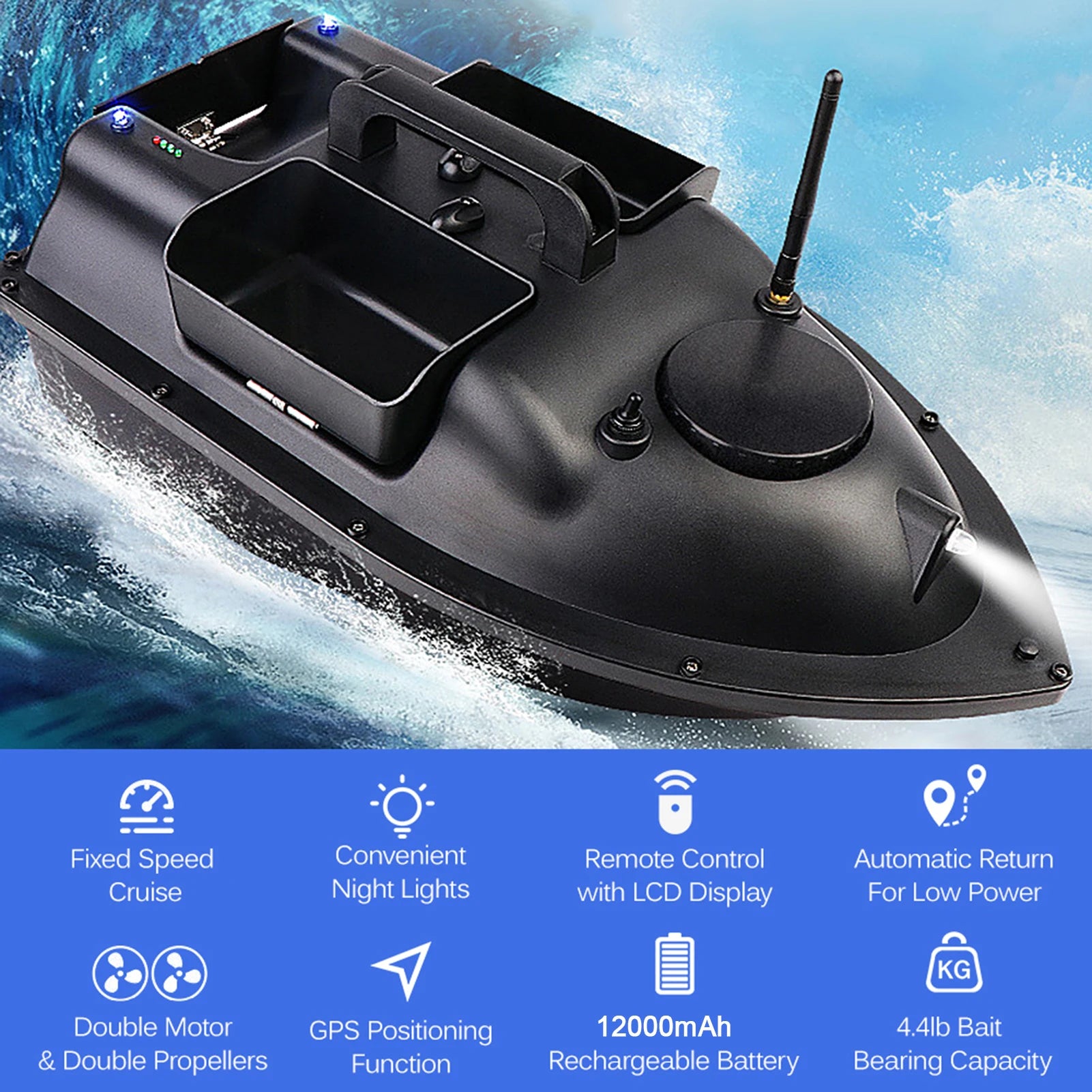 GPS Fishing Bait Boat, 12000mAh Battery Capacity, Automatic Return Function