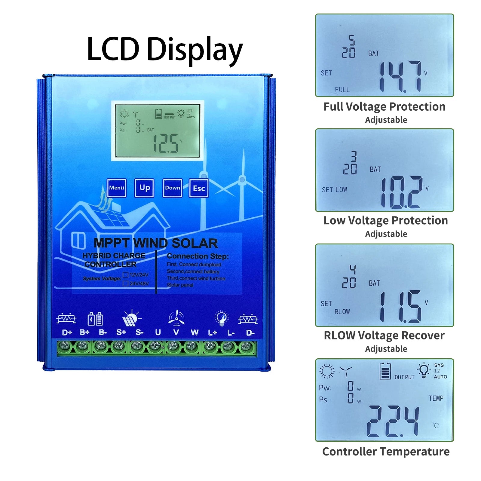 Hybrid Wind Solar Charge Controller, MPPT Technology, Bluetooth Connectivity