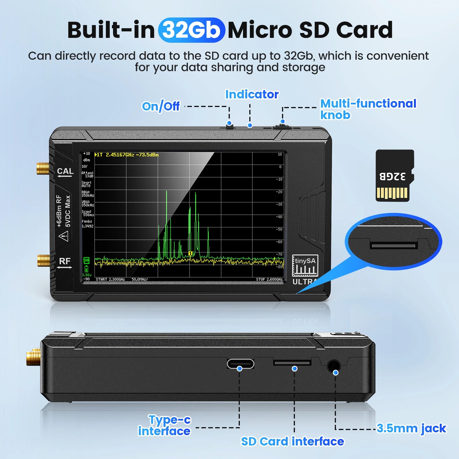 Handheld Spectrum Analyzer, Portable, 100KHz to 53GHz Coverage, 32GB Card Included