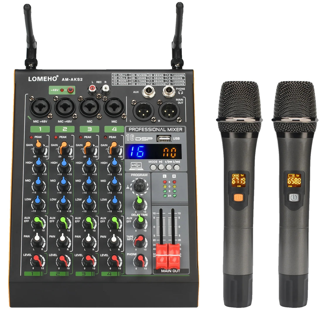 Audio mixer, UHF draadloze microfoon, USB Bluetooth