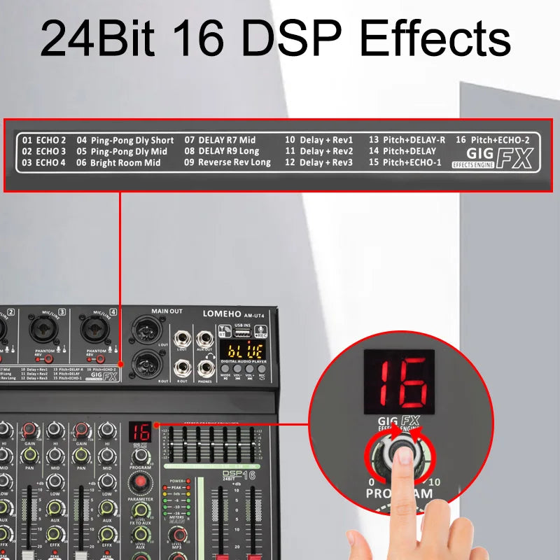 Dj Mixer, 4 Kanalen, 16 Dsp, 48V Fantoomvoeding