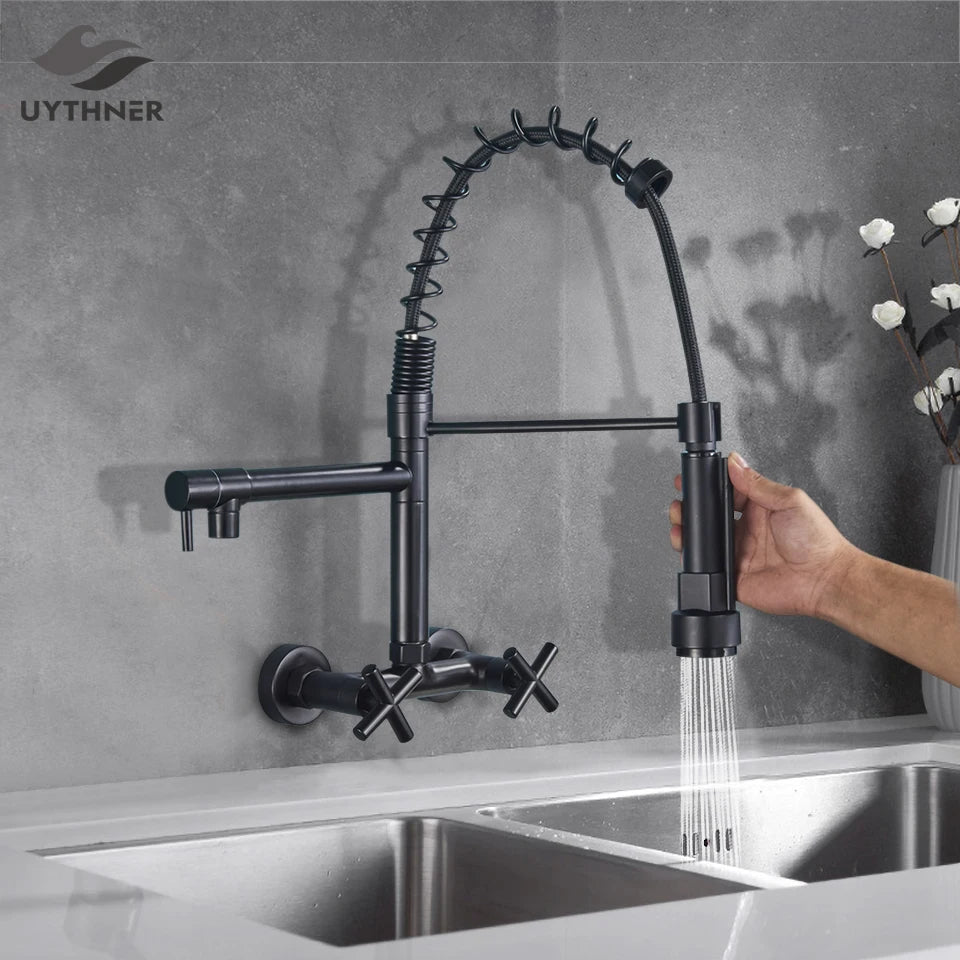 Kitchen Faucet, Wall Mounted, Dual Swivel Spouts