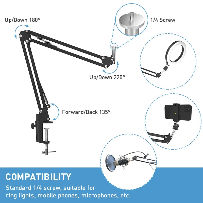 Overhead statiefbevestiging, 26cm ringlamp, flexibele bureautelefoonhouder