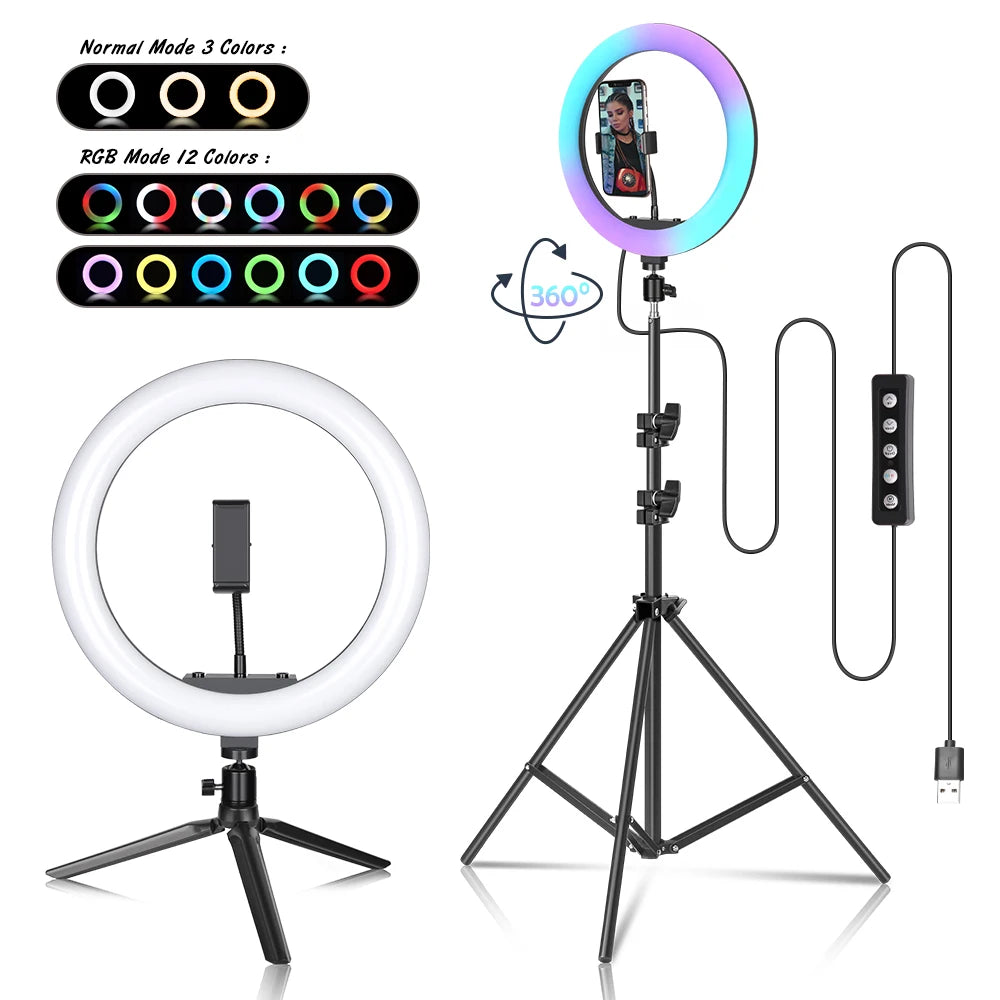 Selfie Ring Light, 12 inch diameter, 15 kleuren, verstelbare standaard