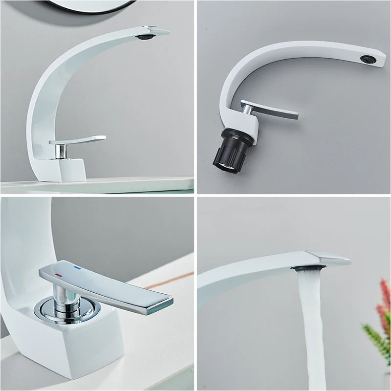 Bathroom Basin Faucet, White Chrome, Deck Mounted