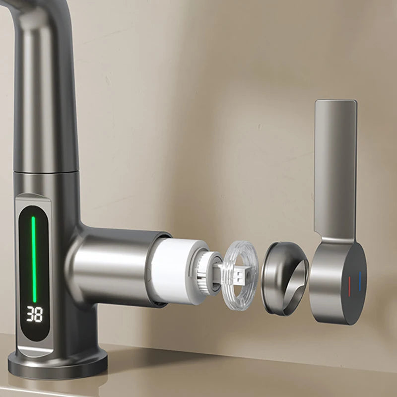 Waterfall Basin Faucet, Pull-Out Design, Digital Temperature Display