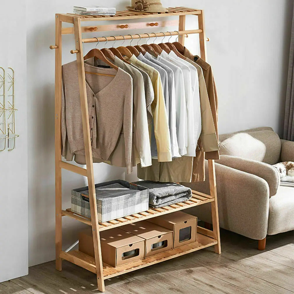 Bamboo Garment Rack, Heavy Duty, Clothing Storage Organizer