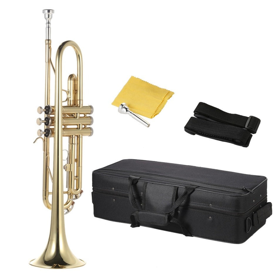 Trumpet, Flat Brass, Gold Painted Musical Instrument, Includes Mouthpiece - Gloves - Strap - Case