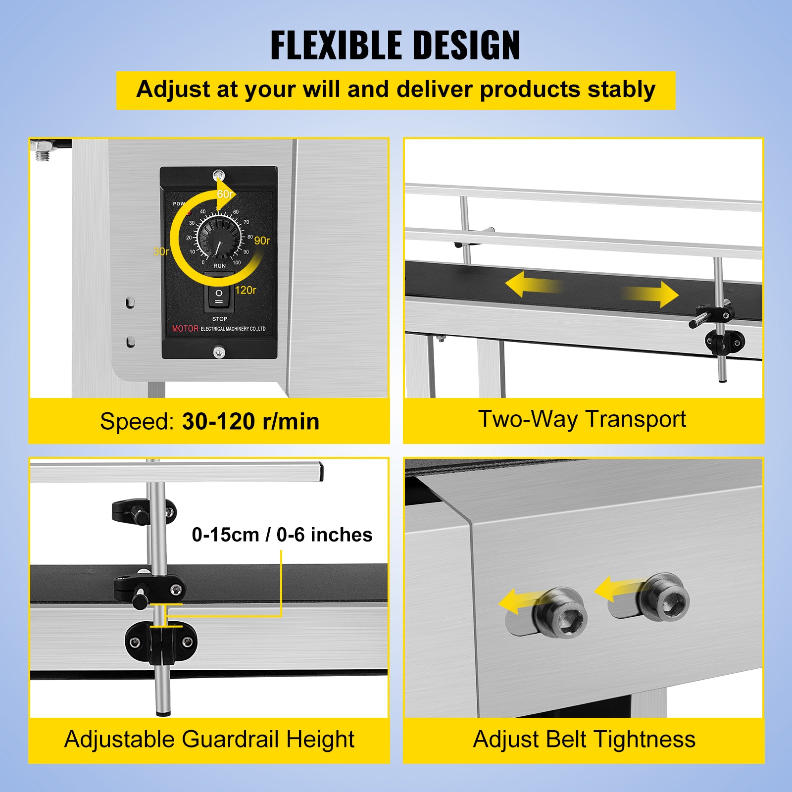 Conveyor Belt Machine, 150 CM Length, Stainless Steel Guardrail