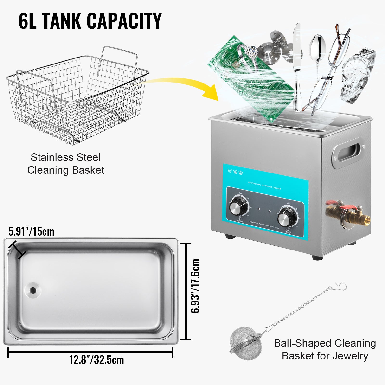 6L Elektrische Ultrasone Reiniger met Verwarming - 40KHZ Frequentie, 304 RVS Tank & 201 RVS Deksel