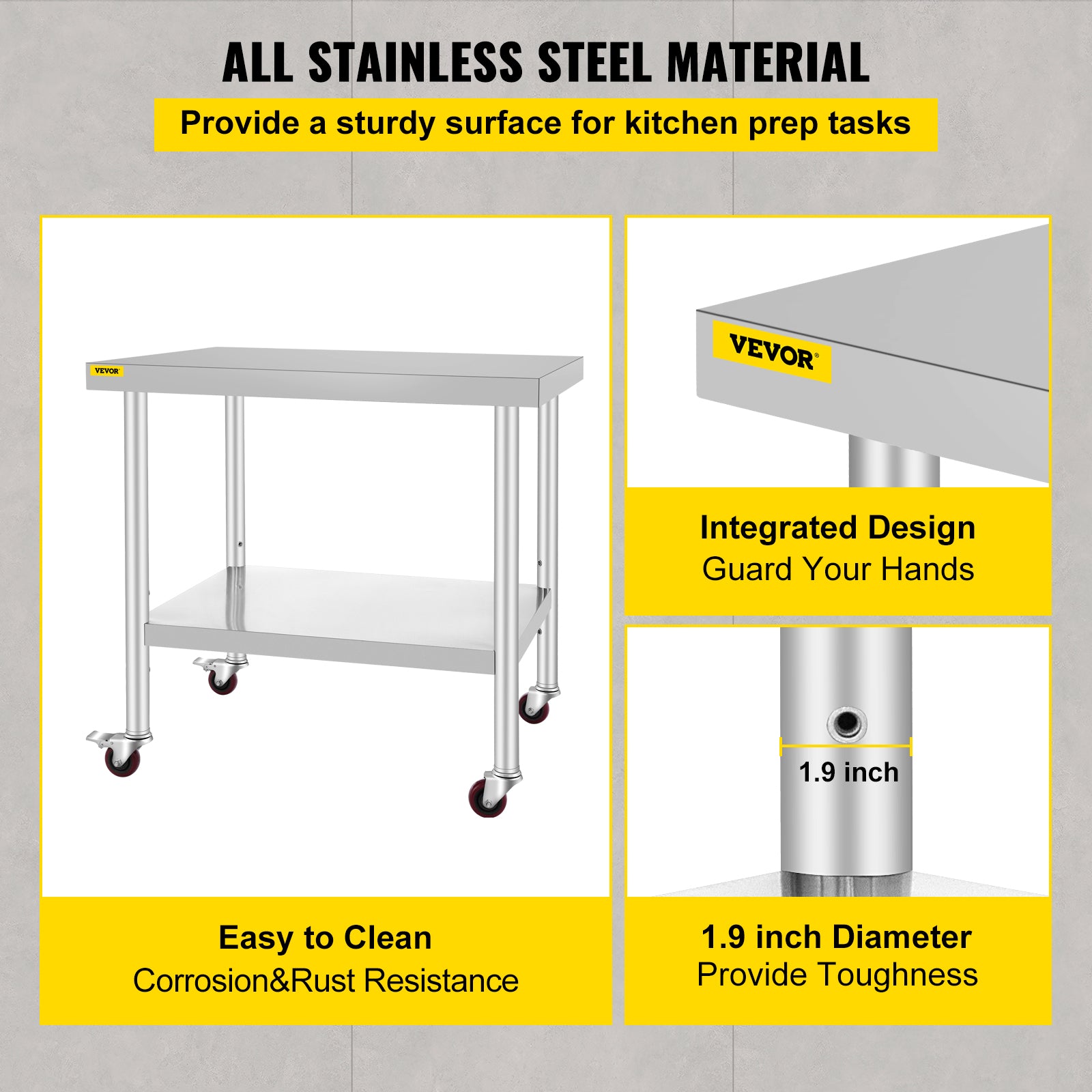 Kitchen Prep Table, Adjustable Shelf, Caster Wheels